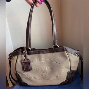 Prada Logo Jacquard canvas tote, leather trim